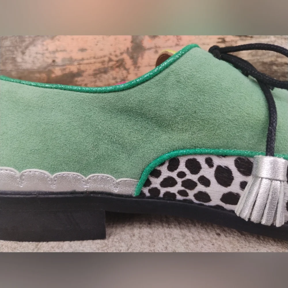 Green Multicolor Handmade Leather Suede Cow Print Oxford Fringe Shoes Size 6-8.5 - Picture 7 of 13